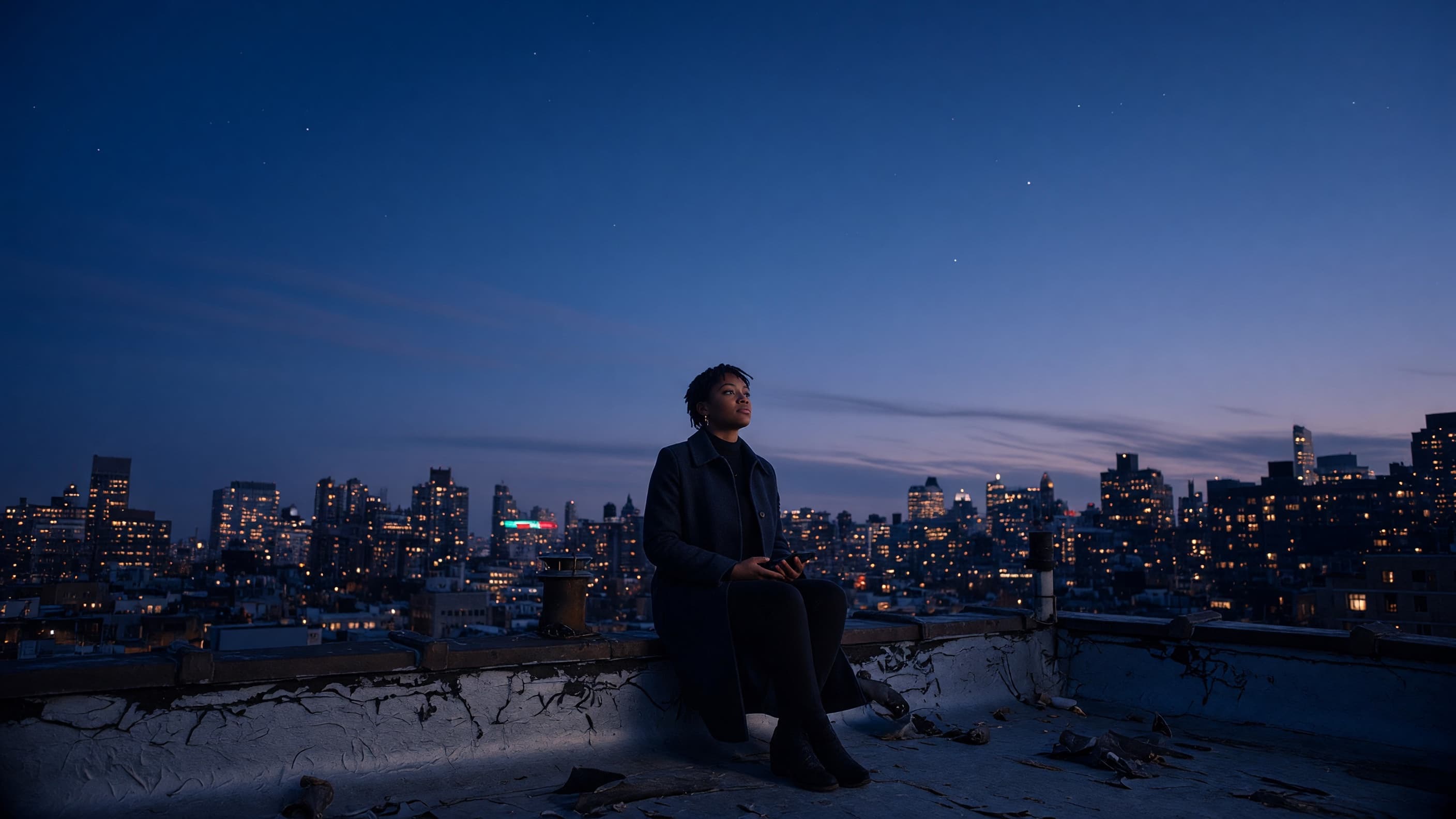 A young woman sitting on a city rooftop at dusk, looking toward the skyline.