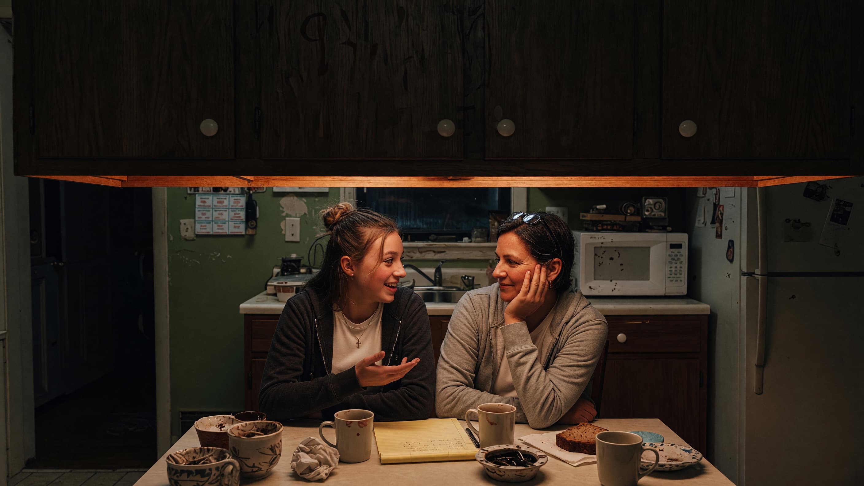 A teenager leading a conversation with her mother at the kitchen table in the evening.
