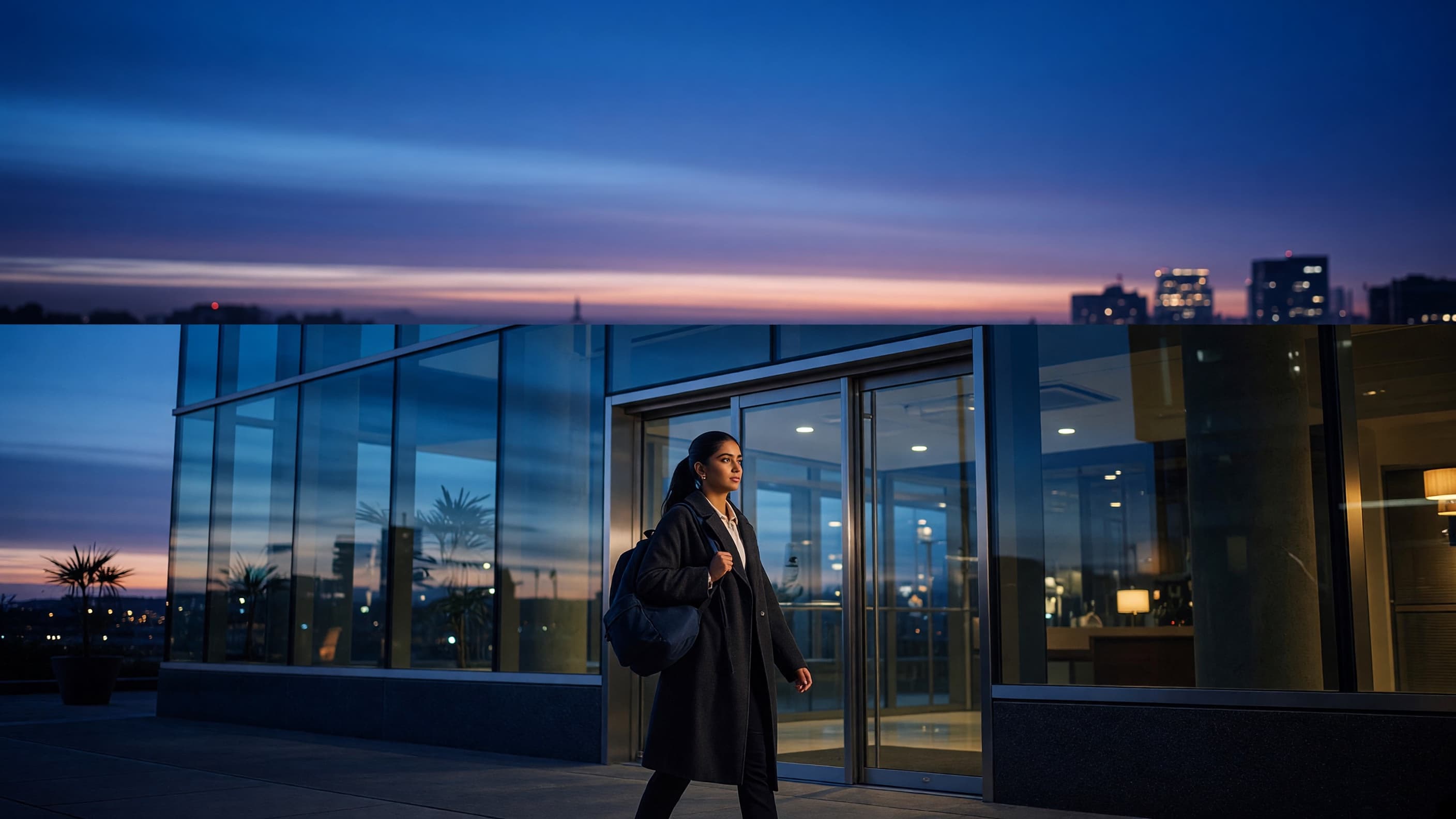 A young woman walking toward a glass building at dawn, looking ahead.