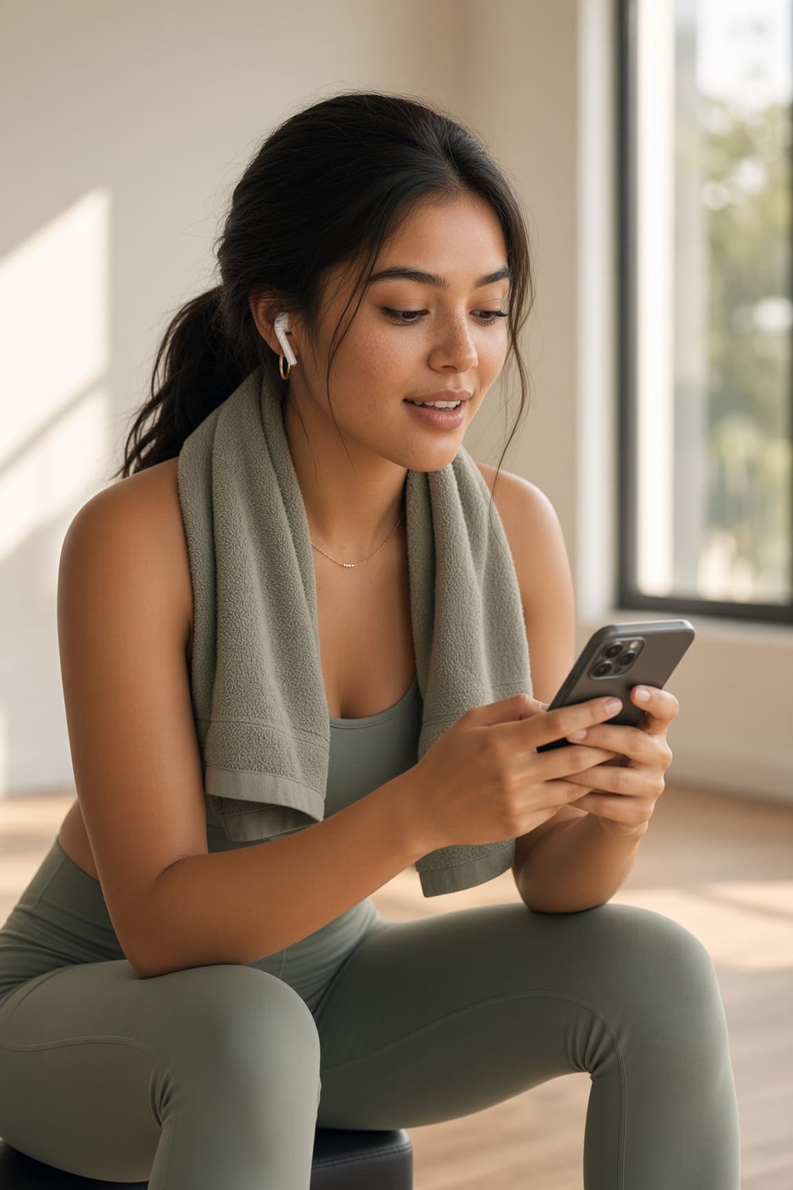 The same woman at a sunlit gym after a workout, studying her phone with quiet focus and a small private smile.