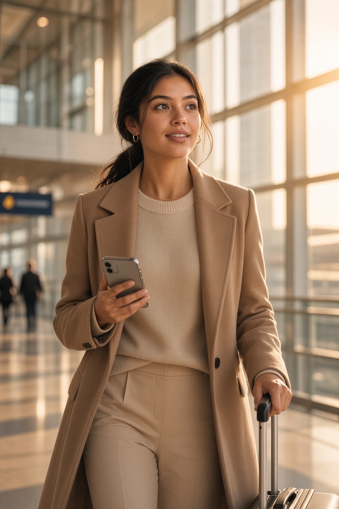 The same woman walking through a sunlit airport with a carry-on and her phone, looking ahead with a small confident smile.